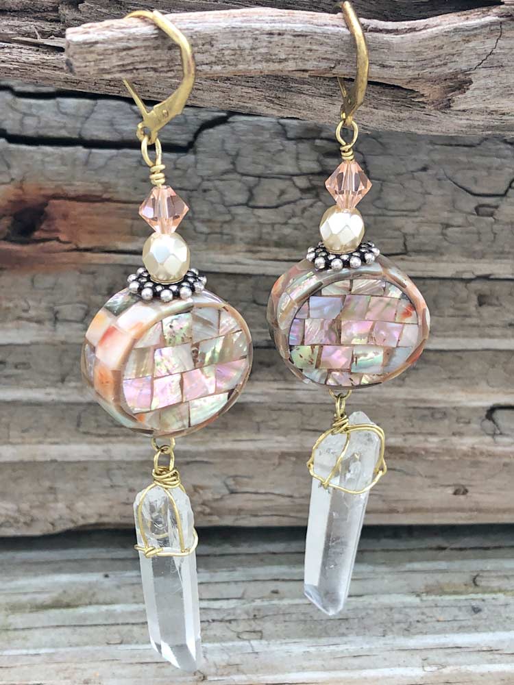 Earths Treasures Mosaic Mother Of Pearl Crytrsal Point Dangle Earrings