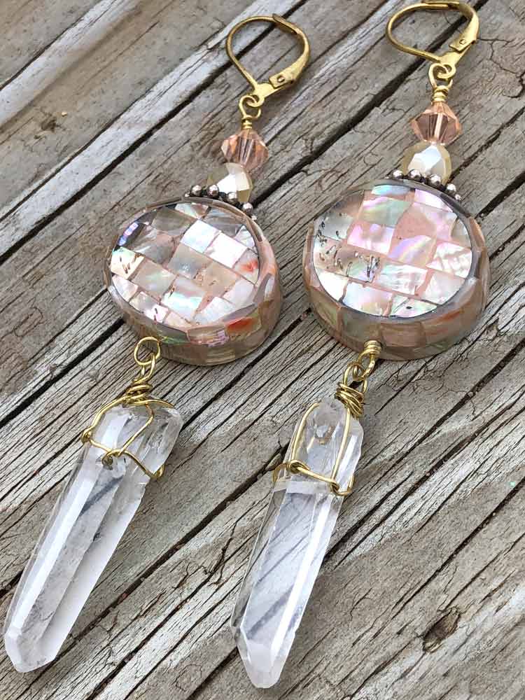 Earths Treasures Mosaic Mother Of Pearl Crytrsal Point Dangle Earrings