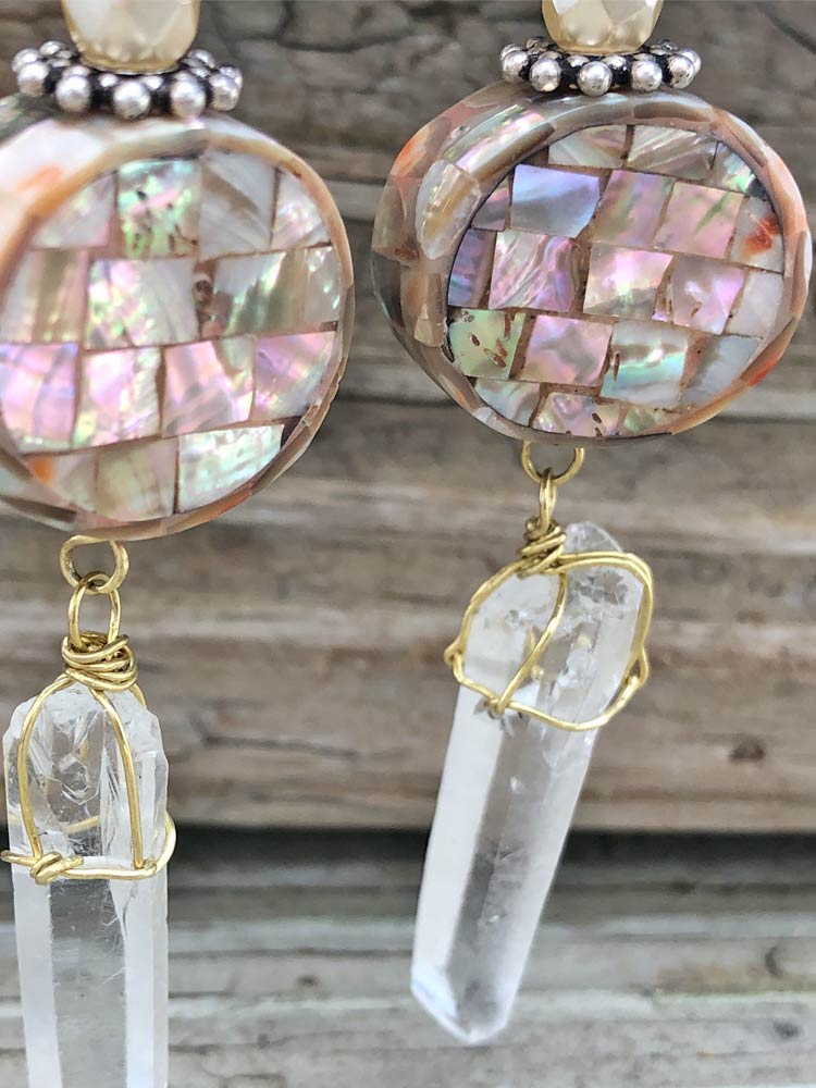 Earths Treasures Mosaic Mother Of Pearl Crytrsal Point Dangle Earrings