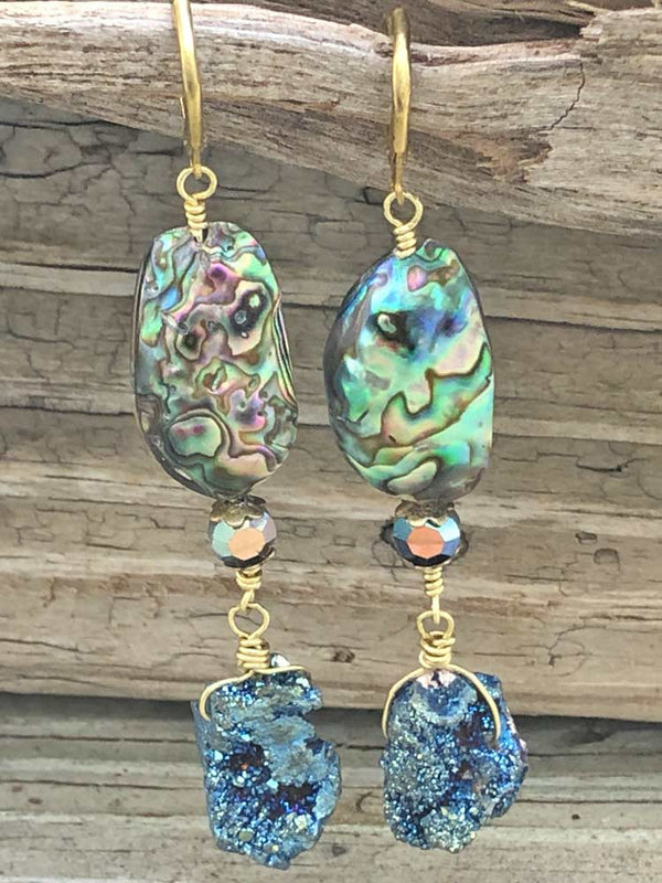 Goddess Mermaid Abalone Shell Blue Druzy Crystal Accent Dangle Earrings