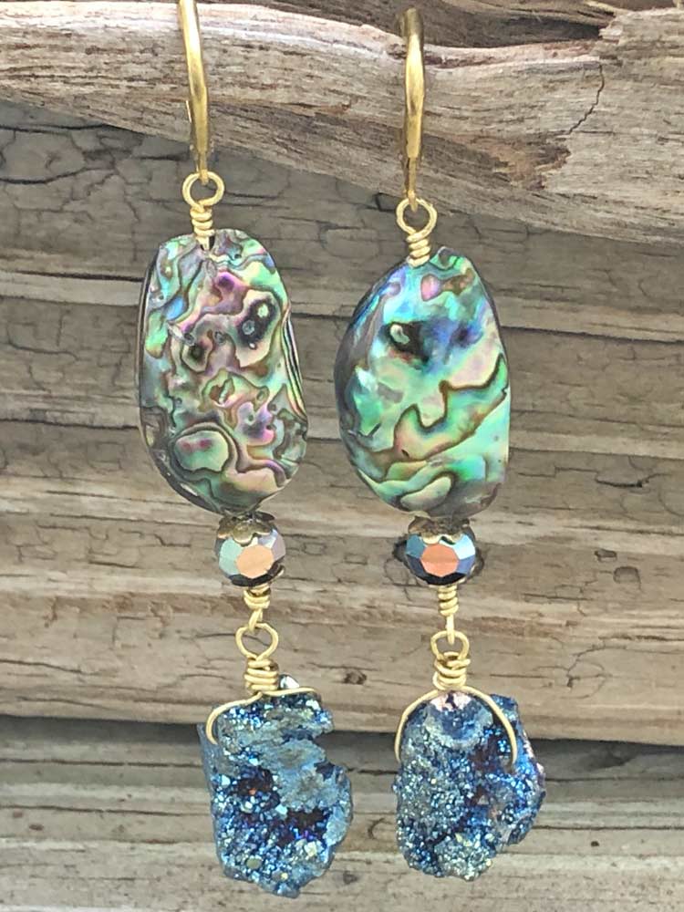 Goddess Mermaid Abalone Shell Blue Druzy Crystal Accent Dangle Earrings