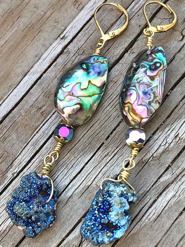 Goddess Mermaid Abalone Shell Blue Druzy Crystal Accent Dangle Earrings