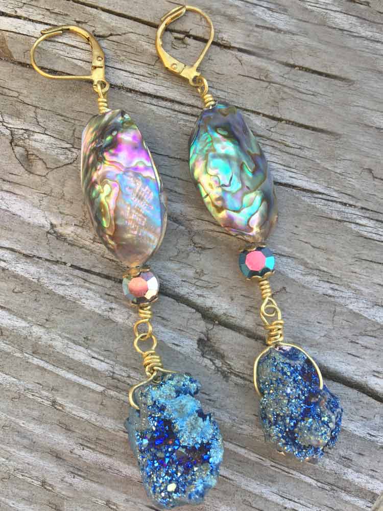 Goddess Mermaid Abalone Shell Blue Druzy Crystal Accent Dangle Earrings