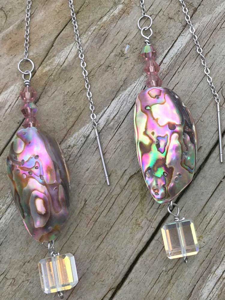 Rainbow Mermaid Abalone Shell Lilac Crystal AB Cube Dangle Threader Earrings