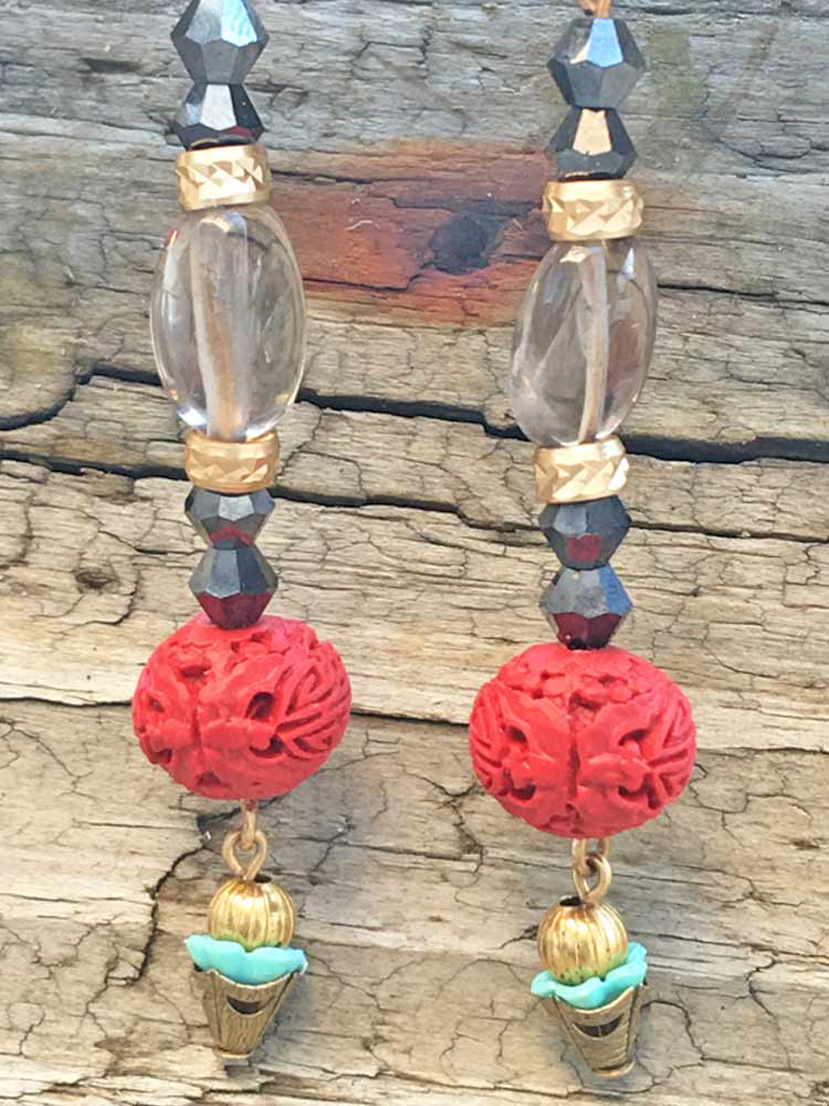 Oriental Vibes Smoky Quartz Carved Cinnabar Elongated Bead Drop Earrings