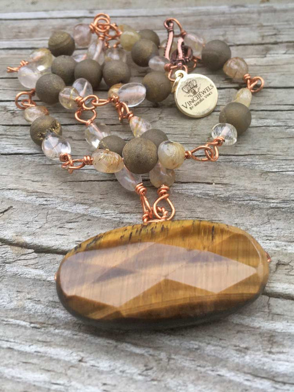 Copper Golden Rutlated Quartz Deep Gold Druzy Faceted Tigers Eye Pendant Link Station Necklace