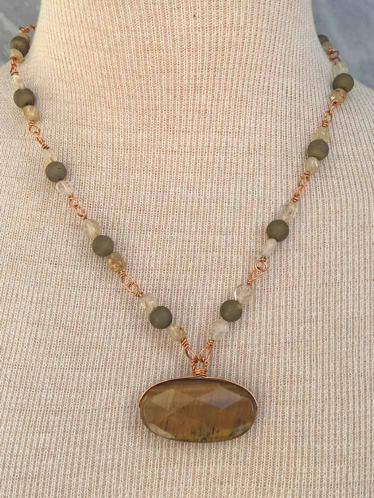 Copper Golden Rutlated Quartz Deep Gold Druzy Faceted Tigers Eye Pendant Link Station Necklace