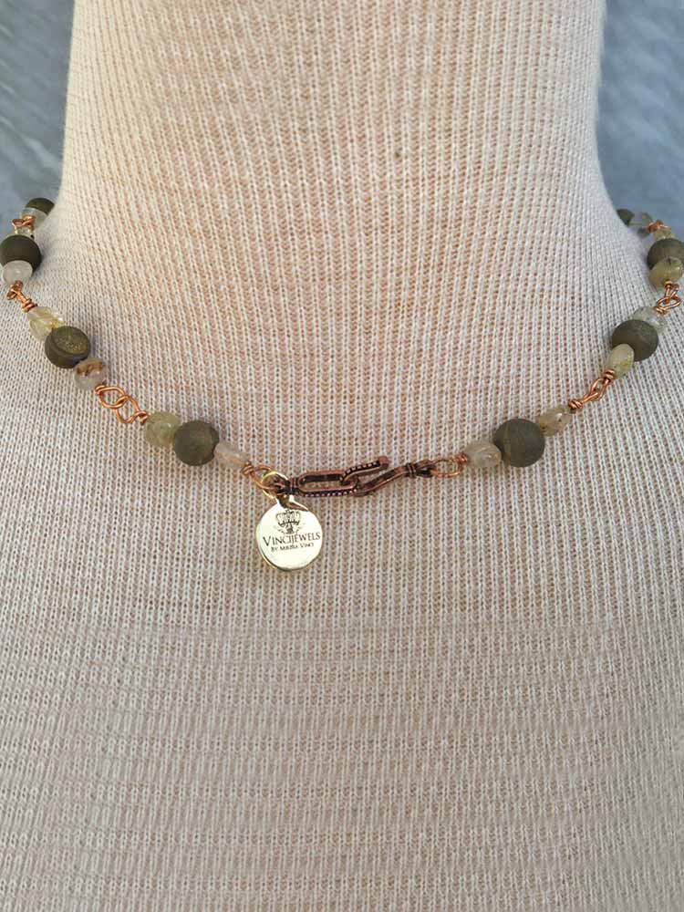 Copper Golden Rutlated Quartz Deep Gold Druzy Faceted Tigers Eye Pendant Link Station Necklace