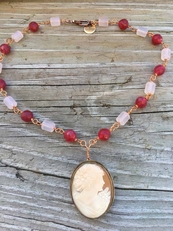 Pink Chalcedony & Faceted Ruby Jade Genuine Old Shell Cameo Copper Rosary Necklace