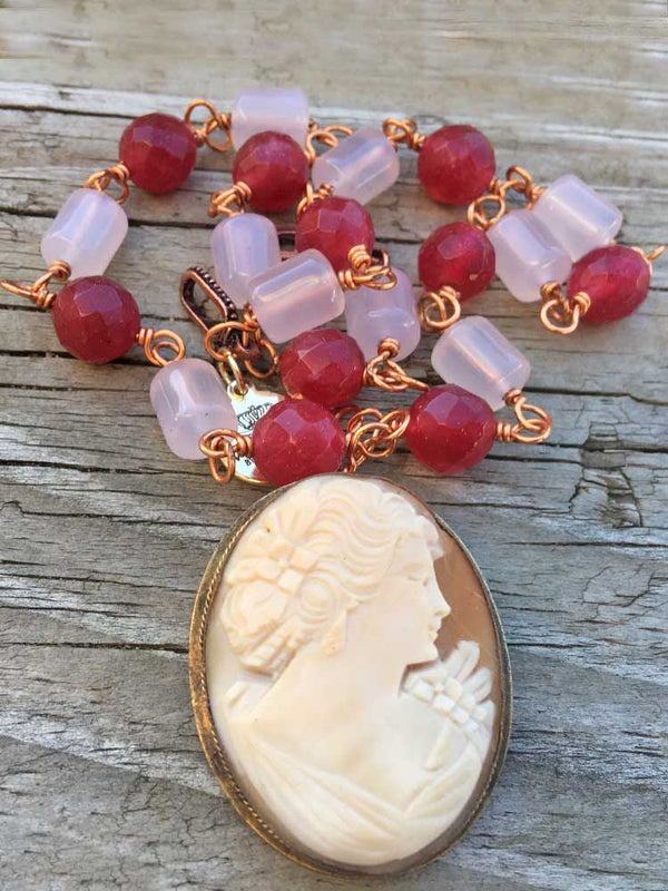 Pink Chalcedony & Faceted Ruby Jade Genuine Old Shell Cameo Copper Rosary Necklace