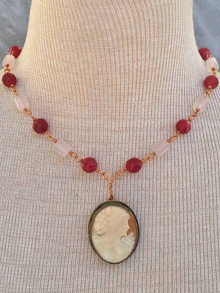 Pink Chalcedony & Faceted Ruby Jade Genuine Old Shell Cameo Copper Rosary Necklace