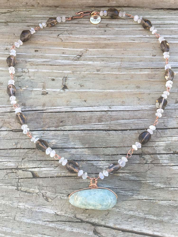 Smoky Quartz w Rainbow Moonstone Large Blue Aquamraine Focal Copper Station Link Necklace