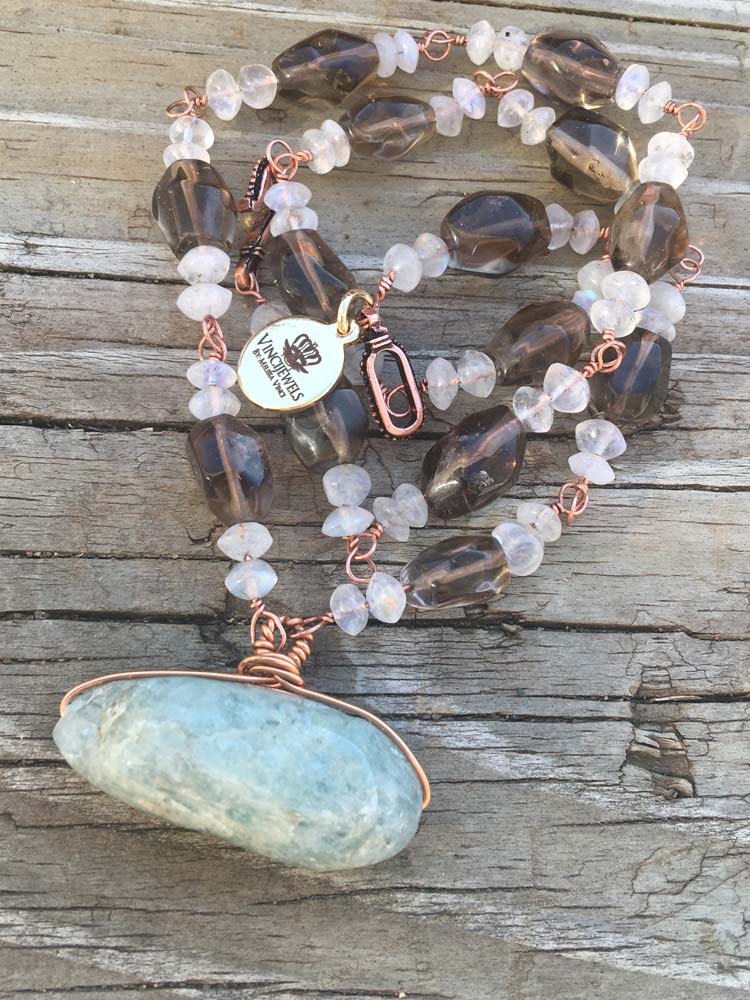 Smoky Quartz w Rainbow Moonstone Large Blue Aquamraine Focal Copper Station Link Necklace