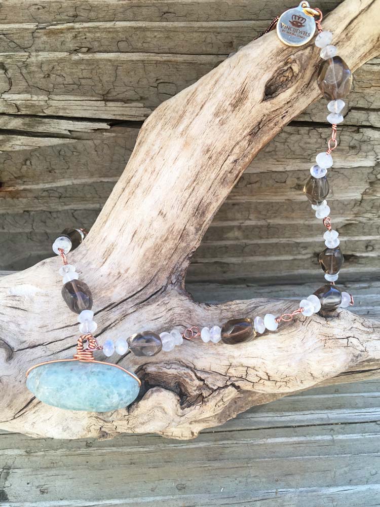 Smoky Quartz w Rainbow Moonstone Large Blue Aquamraine Focal Copper Station Link Necklace