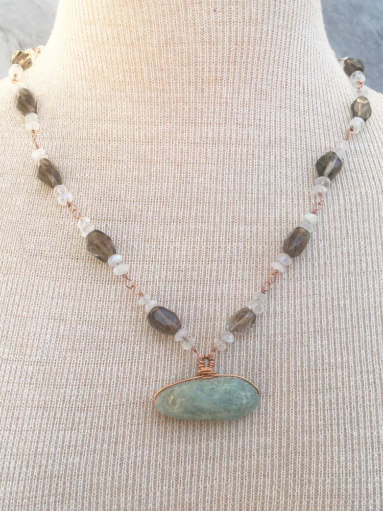 Smoky Quartz w Rainbow Moonstone Large Blue Aquamraine Focal Copper Station Link Necklace