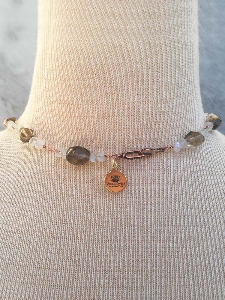 Smoky Quartz w Rainbow Moonstone Large Blue Aquamraine Focal Copper Station Link Necklace