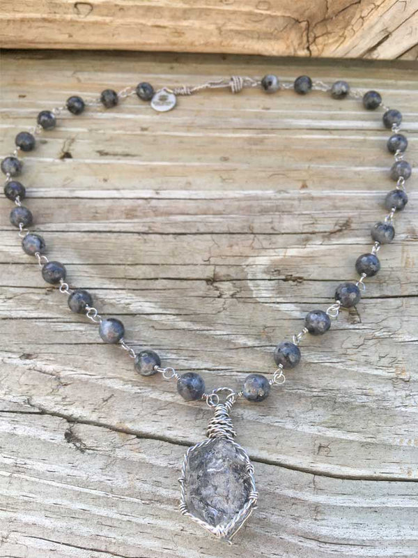 Larkavite w Black Matrix New York Herkimer "Diamond" Quartz Crystal Rosary Drop Necklace