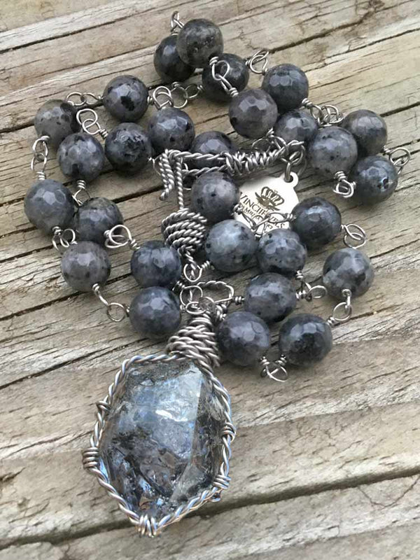 Larkavite w Black Matrix New York Herkimer "Diamond" Quartz Crystal Rosary Drop Necklace