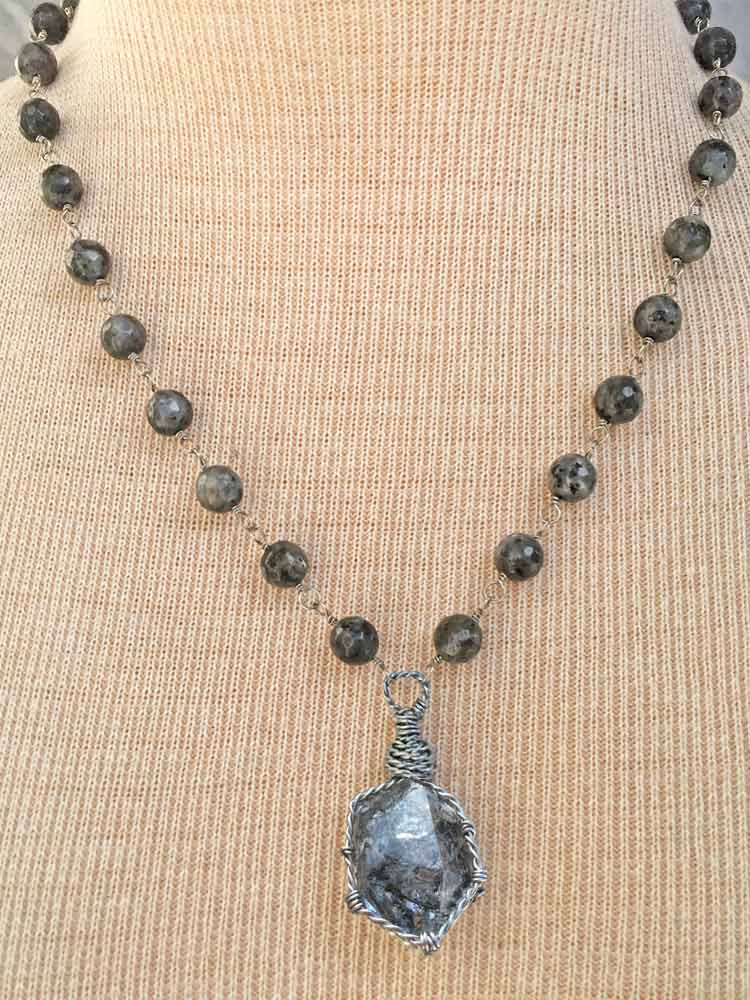 Larkavite w Black Matrix New York Herkimer "Diamond" Quartz Crystal Rosary Drop Necklace