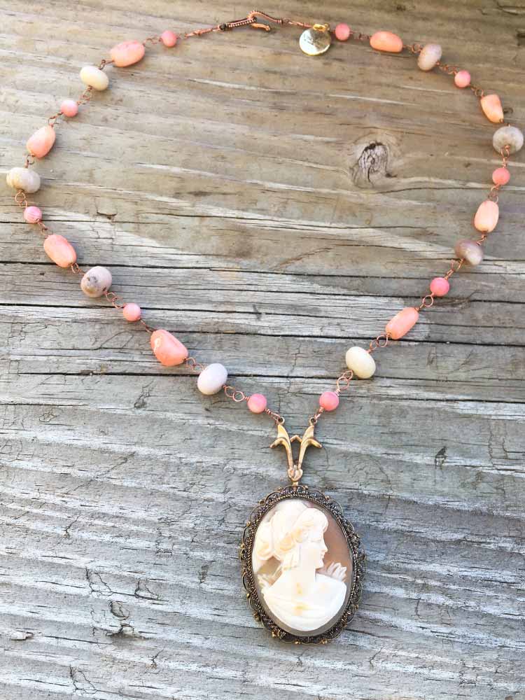 Carved Pink Rhodonite Berry Garnet Fancy Estate 2 Tone Shell Cameo Rosary Neclace