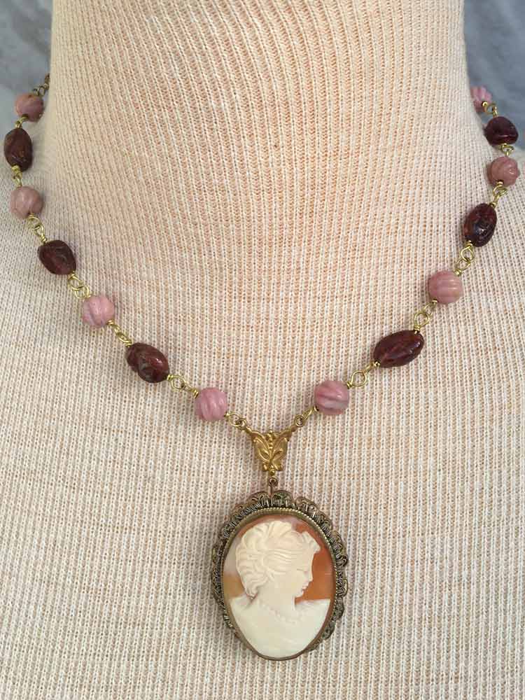 Carved Pink Rhodonite Berry Garnet Fancy Estate 2 Tone Shell Cameo Rosary Neclace