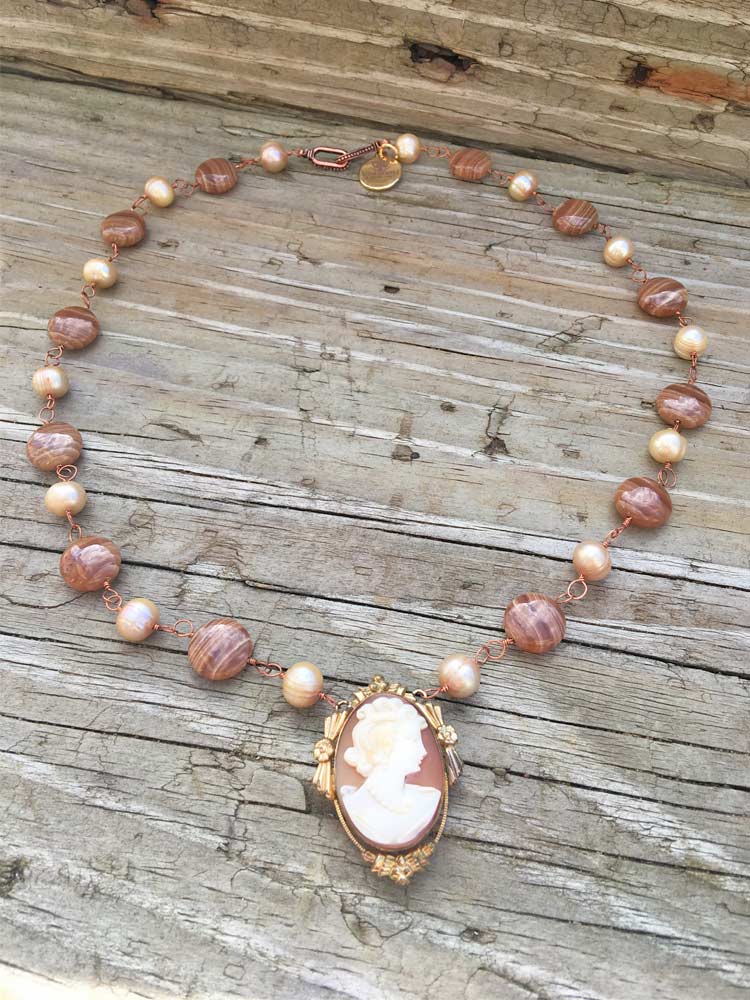 Brown Rhodocrosite & Freshwater Pearl Gold Fill Carved Shell Fancy Cameo Necklace