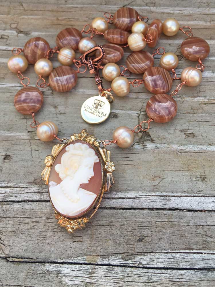 Brown Rhodocrosite & Freshwater Pearl Gold Fill Carved Shell Fancy Cameo Necklace