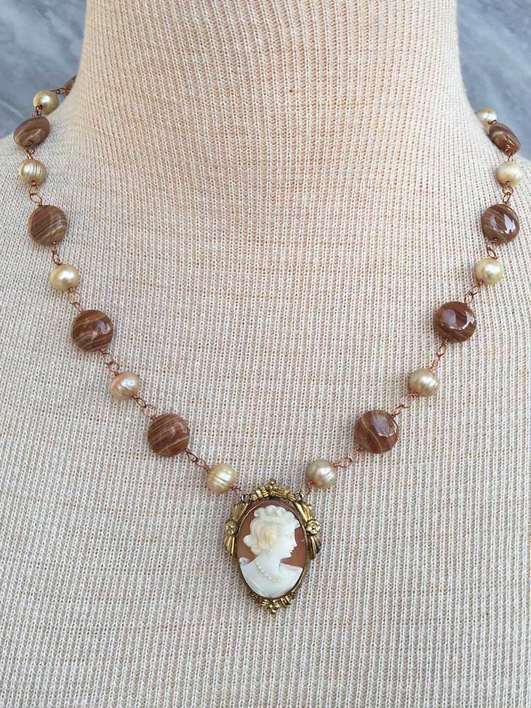 Brown Rhodocrosite & Freshwater Pearl Gold Fill Carved Shell Fancy Cameo Necklace