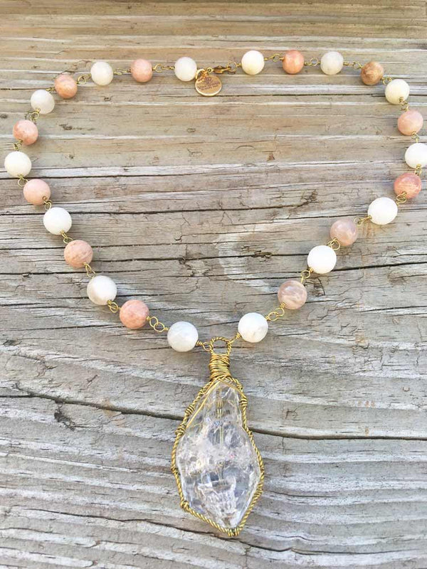 Peach & Faceted White Cream  Moonstone Large New York Herkimer "Diamond" Quartz Necklace