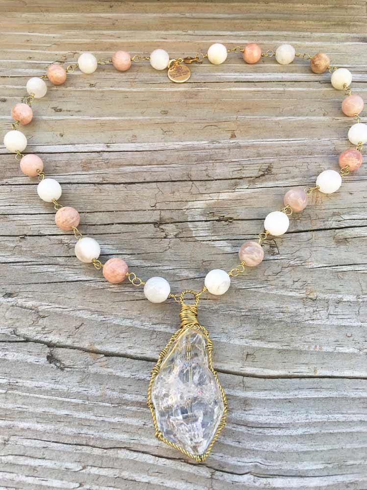 Peach & Faceted White Cream  Moonstone Large New York Herkimer "Diamond" Quartz Necklace