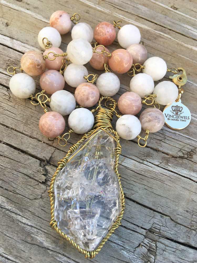 Peach & Faceted White Cream  Moonstone Large New York Herkimer "Diamond" Quartz Necklace