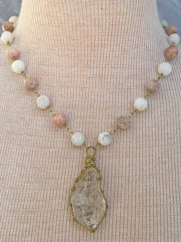 Peach & Faceted White Cream  Moonstone Large New York Herkimer "Diamond" Quartz Necklace