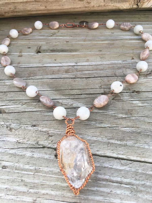 Oval Peach Moonstone & Faceted White Mix New York Herkimer "Diamond" Quartz Necklace