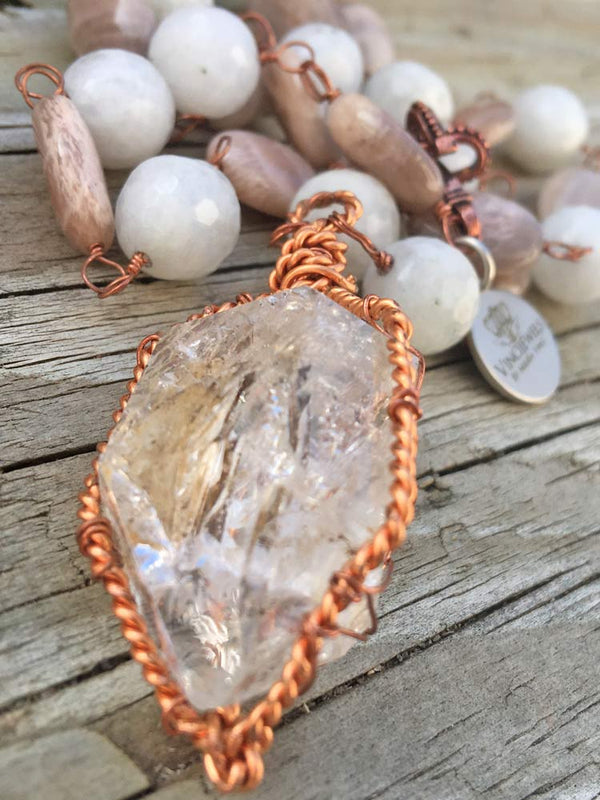 Oval Peach Moonstone & Faceted White Mix New York Herkimer "Diamond" Quartz Necklace