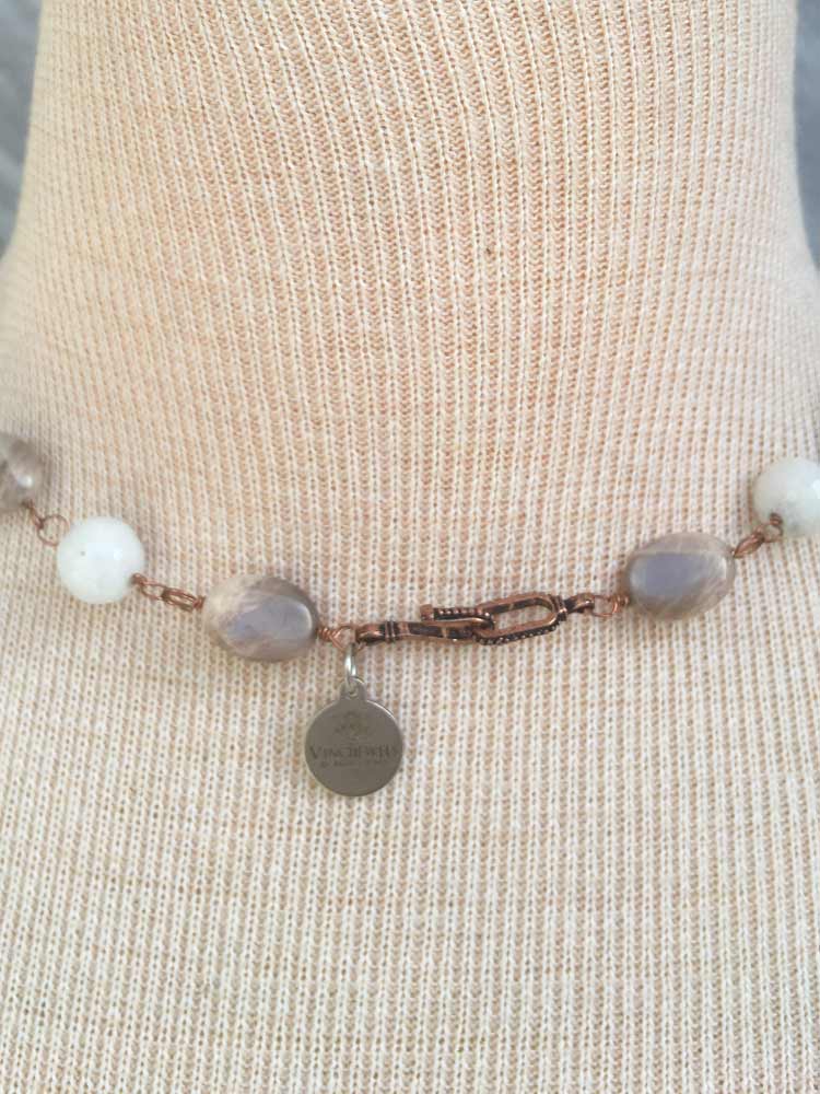 Oval Peach Moonstone & Faceted White Mix New York Herkimer "Diamond" Quartz Necklace