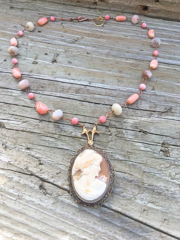 Mixed Salom & Pink Coral w Freeform Earthy Blush Opal Rondell Copper Carved Shell Cameo Necklace