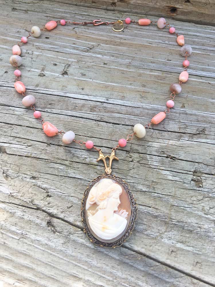 Mixed Salom & Pink Coral w Freeform Earthy Blush Opal Rondell Copper Carved Shell Cameo Necklace