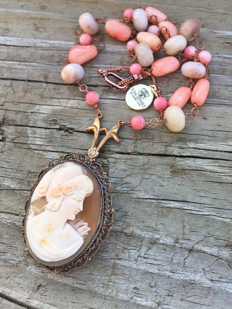 Mixed Salom & Pink Coral w Freeform Earthy Blush Opal Rondell Copper Carved Shell Cameo Necklace