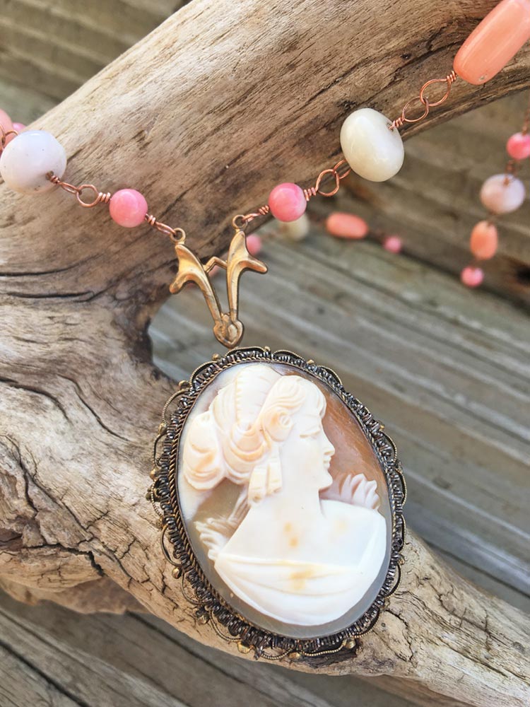 Mixed Salom & Pink Coral w Freeform Earthy Blush Opal Rondell Copper Carved Shell Cameo Necklace