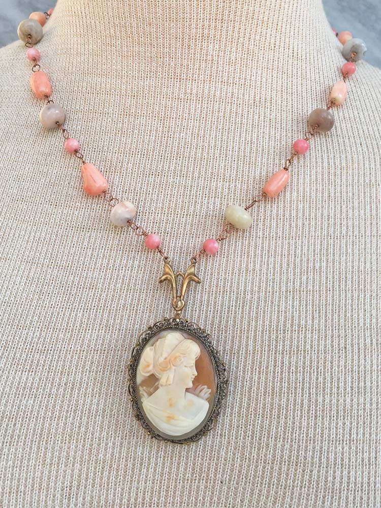 Mixed Salom & Pink Coral w Freeform Earthy Blush Opal Rondell Copper Carved Shell Cameo Necklace