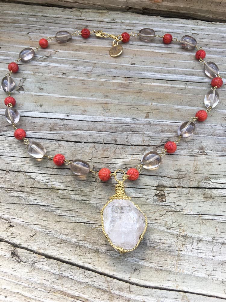 Smooth Smoky Quartz & Carved Design Brick Red Coral Large New York Herkimer "Diamond" Quartz Necklace