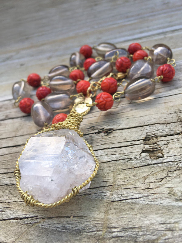 Smooth Smoky Quartz & Carved Design Brick Red Coral Large New York Herkimer "Diamond" Quartz Necklace