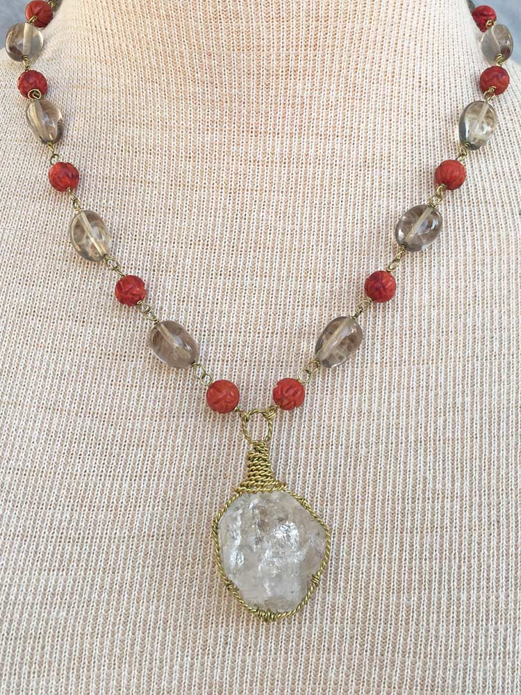 Smooth Smoky Quartz & Carved Design Brick Red Coral Large New York Herkimer "Diamond" Quartz Necklace