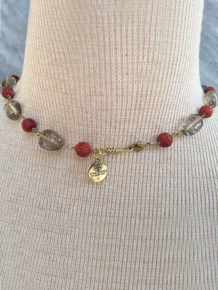 Smooth Smoky Quartz & Carved Design Brick Red Coral Large New York Herkimer "Diamond" Quartz Necklace