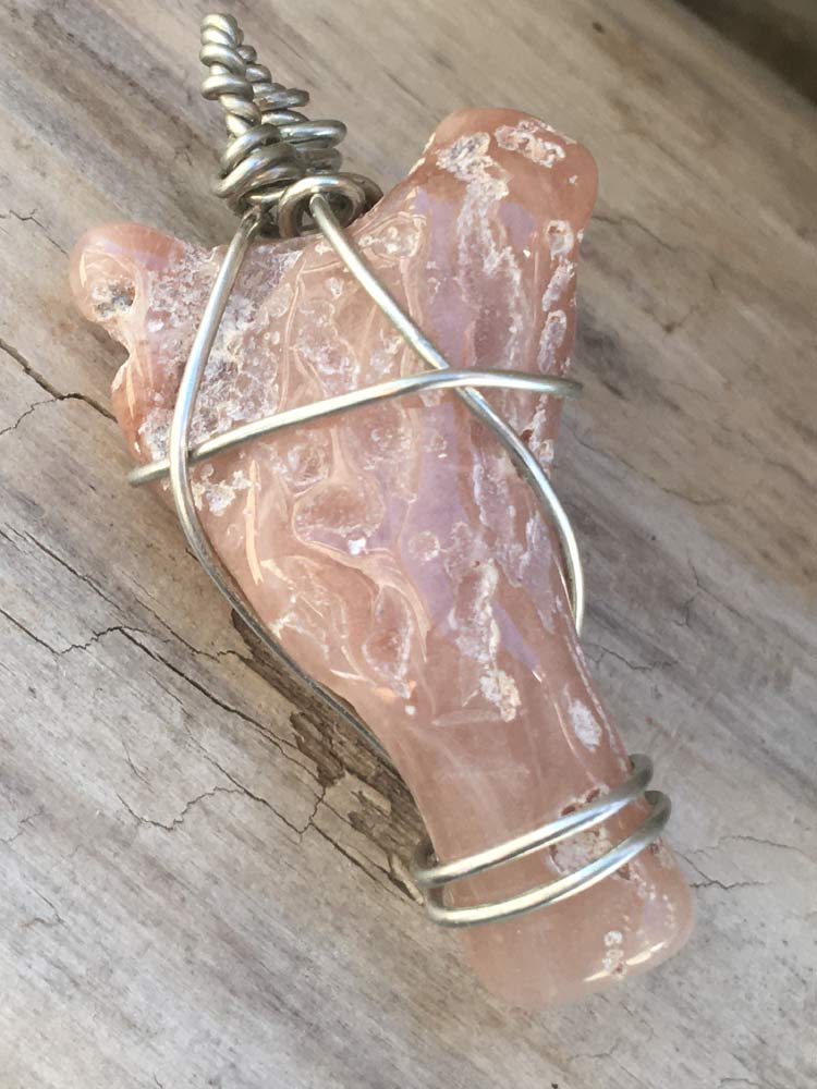 Pink Agate Limb Cast Silver Wire Wrapped Pendant