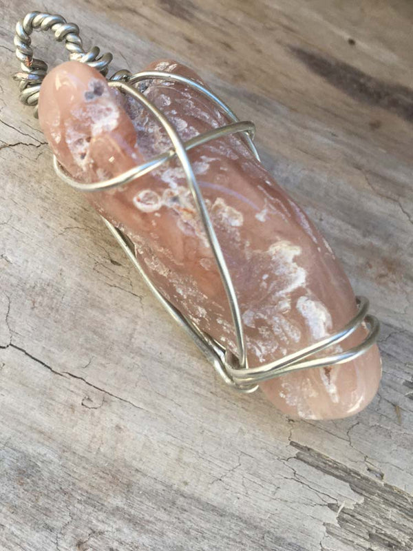 Pink Agate Limb Cast Silver Wire Wrapped Pendant