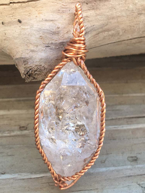 Solid Copper Wire Wrapped Large New York Herkimer "Diamond" Quartz Pendant