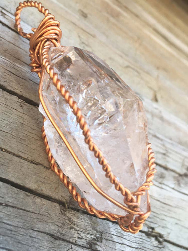 Solid Copper Wire Wrapped Large New York Herkimer "Diamond" Quartz Pendant