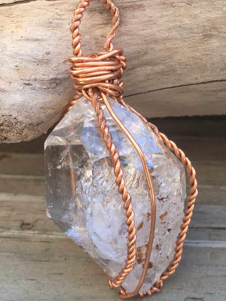 Solid Copper Wire Wrapped Large New York Herkimer "Diamond" Quartz Pendant