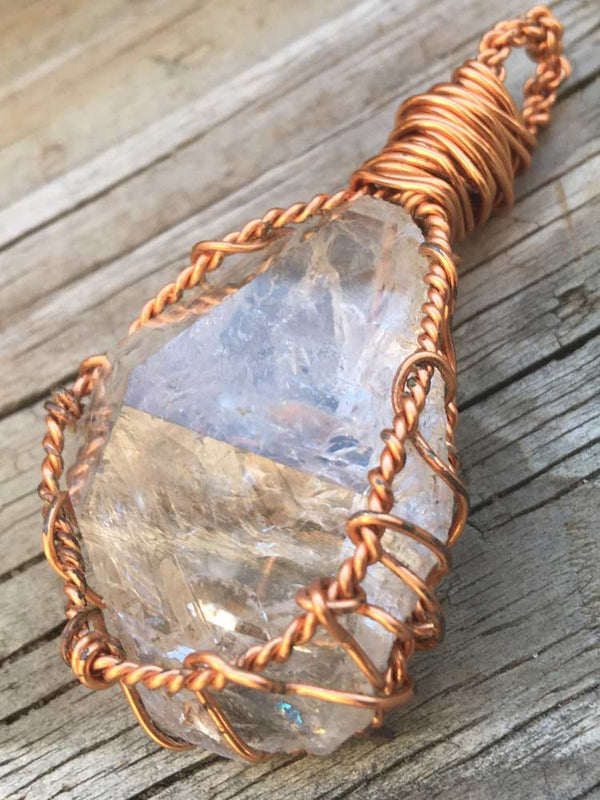 Solid Copper Wire Wrapped Large New York Herkimer "Diamond" Quartz Pendant